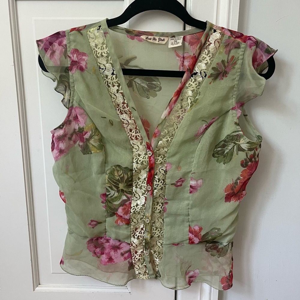 Just The Girls Green Sheer Button Up Floral Lace Blouse